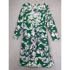 Soft Surroundings Shapely Anywhere Dress M Green Floral Faux Wrap Stretch Career